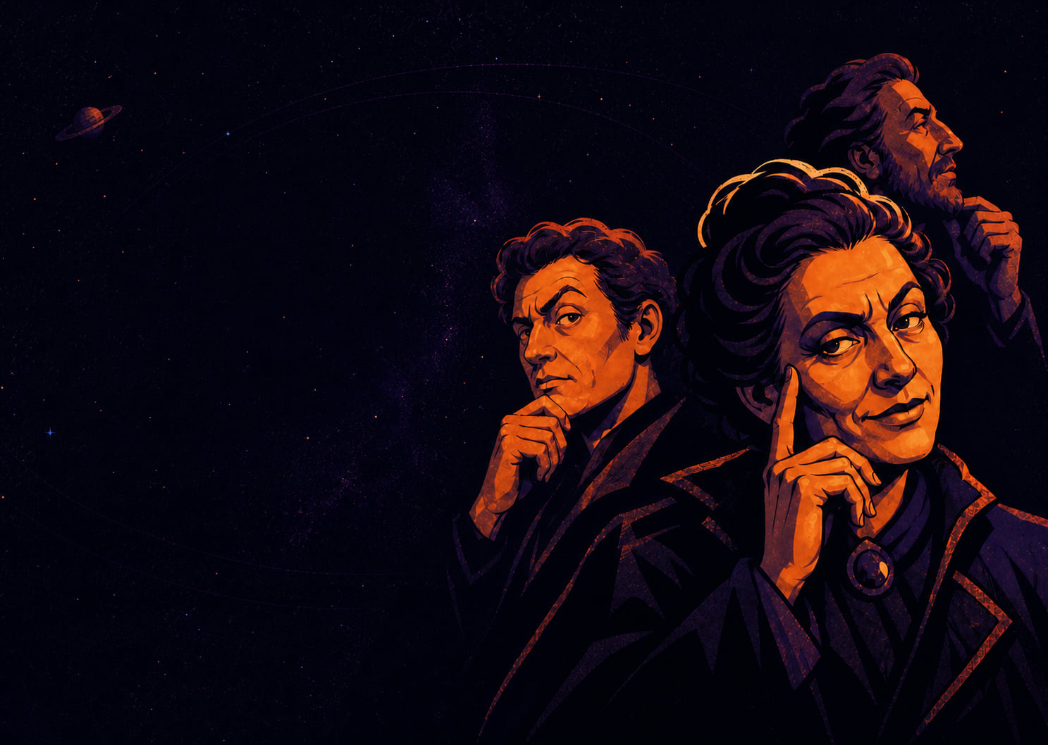 Three expressive illustrated philosopher archetypes exchange skeptical looks beneath a sparse indigo cosmos.